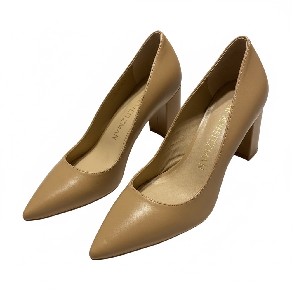 Stuart Weitzman Linsi 75 Block Heel Pumps Adobe Nude Leather 8.5B